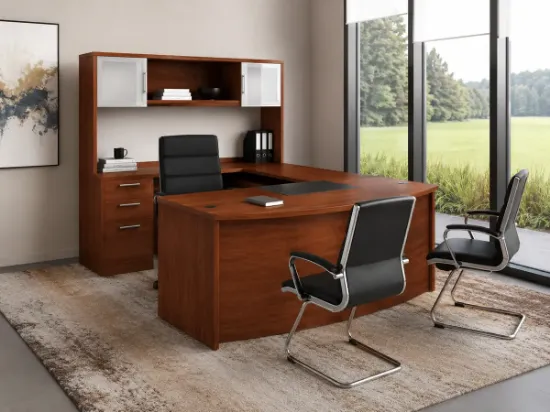 U-shaped executive desk with hutch, glass doors, right-corner credenza, box file pedestal, bow front desk, and magnetic glass white board