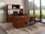 U-shaped executive desk with hutch, glass doors, right-corner credenza, box file pedestal, bow front desk, and magnetic glass white board