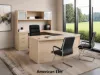 U-shaped executive desk with hutch, glass doors, right-corner credenza, box file pedestal, bow front desk, and magnetic glass white board