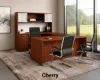 U-shaped executive desk with hutch, glass doors, right-corner credenza, box file pedestal, bow front desk, and magnetic glass white board