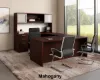 U-shaped executive desk with hutch, glass doors, right-corner credenza, box file pedestal, bow front desk, and magnetic glass white board