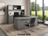 U-shaped executive desk with hutch, glass doors, right-corner credenza, box file pedestal, bow front desk, and magnetic glass white board