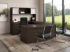 U-shaped executive desk with hutch, glass doors, right-corner credenza, box file pedestal, bow front desk, and magnetic glass white board