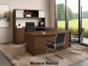 U-shaped executive desk with hutch, glass doors, right-corner credenza, box file pedestal, bow front desk, and magnetic glass white board