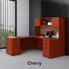 L-shaped executive desk with hutch, laminate doors, double pedestals, file storage, reversible return, and fabric tack board