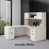 L-shaped executive desk with hutch, laminate doors, double pedestals, file storage, reversible return, and fabric tack board