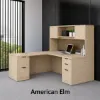 L-shaped executive desk with hutch, laminate doors, double pedestals, file storage, reversible return, and fabric tack board