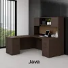 L-shaped executive desk with hutch, laminate doors, double pedestals, file storage, reversible return, and fabric tack board