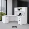 L-shaped executive desk with hutch, laminate doors, double pedestals, file storage, reversible return, and fabric tack board