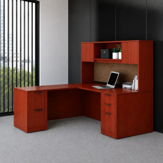 	L-shaped executive desk with hutch, laminate doors, double pedestals, file storage, reversible return, and fabric tack board