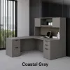 L-shaped executive desk with hutch, laminate doors, double pedestals, file storage, reversible return, and fabric tack board