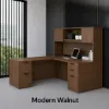 L-shaped executive desk with hutch, laminate doors, double pedestals, file storage, reversible return, and fabric tack board