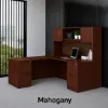 L-shaped executive desk with hutch, laminate doors, double pedestals, file storage, reversible return, and fabric tack board