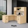 L-shaped executive desk with hutch, laminate doors, double pedestals, file storage, reversible return, and fabric tack board