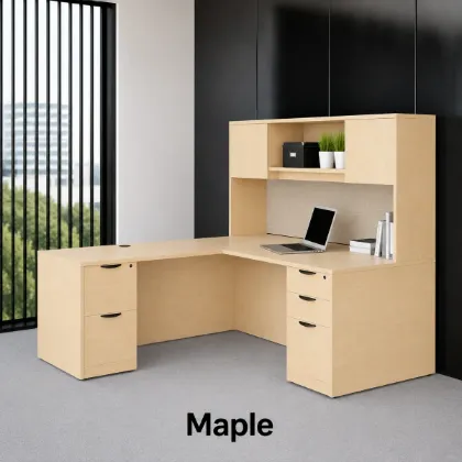 L-shaped executive desk with hutch, laminate doors, double pedestals, file storage, reversible return, and fabric tack board