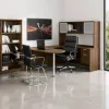 U-shaped executive desk with 72 inch bullet top, hutch, glass doors, credenza shell, box file hanging pedestal, and magnetic glass white board
