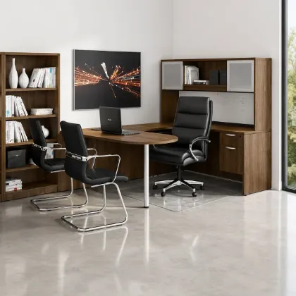 U-shaped executive desk with 72 inch bullet top, hutch, glass doors, credenza shell, box file hanging pedestal, and magnetic glass white board