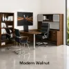 U-shaped executive desk with 72 inch bullet top, hutch, glass doors, credenza shell, box file hanging pedestal, and magnetic glass white board