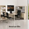 U-shaped executive desk with 72 inch bullet top, hutch, glass doors, credenza shell, box file hanging pedestal, and magnetic glass white board