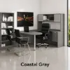 U-shaped executive desk with 72 inch bullet top, hutch, glass doors, credenza shell, box file hanging pedestal, and magnetic glass white board
