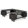 Palisades U-shaped executive desk with reversible bridge, double pedestals, floating Gauntlet Gray laminate top, Graphite frame, and mesh metal modesty panel