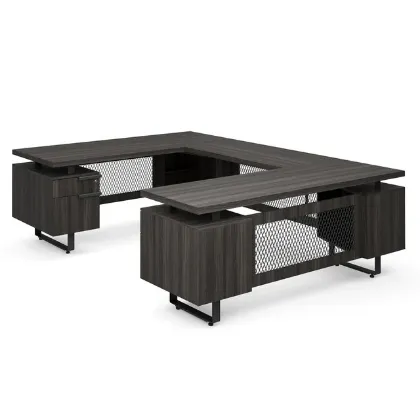 Palisades U-shaped executive desk with reversible bridge, double pedestals, floating Gauntlet Gray laminate top, Graphite frame, and mesh metal modesty panel
