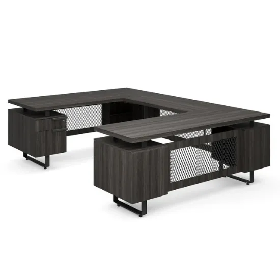 Palisades U-shaped executive desk with reversible bridge, double pedestals, floating Gauntlet Gray laminate top, Graphite frame, and mesh metal modesty panel