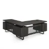 Palisades 72 inch L-shaped executive desk with reversible return, double pedestals, floating Gauntlet Gray laminate top, Graphite frame, and metal mesh modesty panel