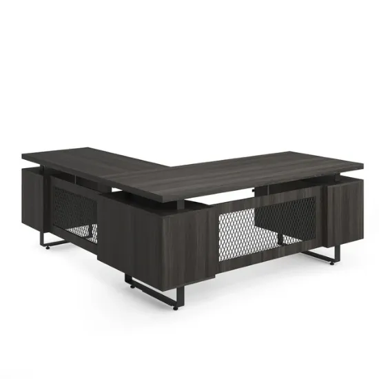 Palisades 72 inch L-shaped executive desk with reversible return, double pedestals, floating Gauntlet Gray laminate top, Graphite frame, and metal mesh modesty panel