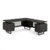 Palisades 72 inch L-shaped executive desk with reversible return, double pedestals, floating Gauntlet Gray laminate top, Graphite frame, and metal mesh modesty panel