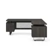Palisades 72 inch L-shaped executive desk with reversible return, double pedestals, floating Gauntlet Gray laminate top, Graphite frame, and metal mesh modesty panel