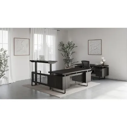 Palisades height adjustable executive desk suite with L-shaped electric desk, single pedestal, double pedestal credenza, Gauntlet Gray floating laminate top, and Graphite frame