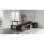 Palisades height adjustable executive desk suite with L-shaped electric desk, single pedestal, double pedestal credenza, Gauntlet Gray floating laminate top, and Graphite frame