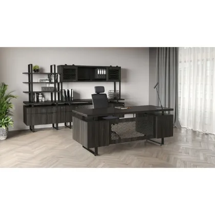 Palisades executive office suite with 72 inch double pedestal desk, hutch with sliding doors, double pedestal credenza, two drawer lateral file, open bookcase hutch, and Gauntlet Gray finish