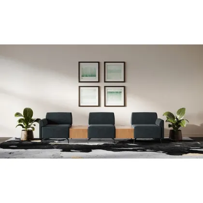 Saxon 3-seat modular reception sofa with tall arms, two connector tables, built-in power outlets, soft cushioning, and upholstery options