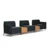 Saxon 3-seat modular reception sofa with tall arms, two connector tables, built-in power outlets, soft cushioning, and upholstery options