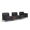 Saxon 3-seat modular reception sofa with tall arms, two connector tables, built-in power outlets, soft cushioning, and upholstery options