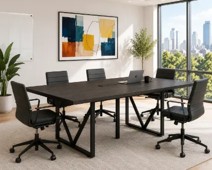 	Palisades 72 inch sitting height rectangular conference table with metal legs, two power cutouts, grommet covers, Gauntlet Gray finish, and black frame