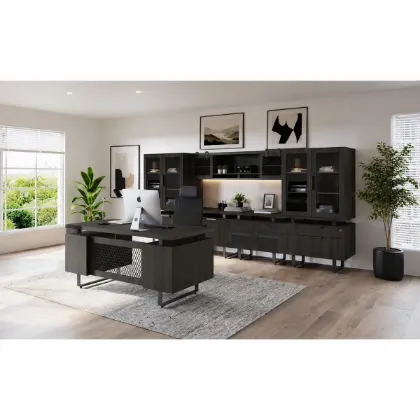 Palisades executive office suite in Gauntlet Gray with desk components, wall hutch, bookcase hutches, glass doors, storage cabinets, laminate doors, and lateral files