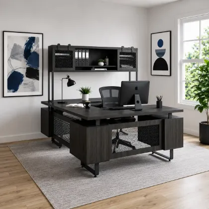 Palisades U-shaped executive desk suite with reversible bridge, double pedestal storage, sliding door hutch, and Gauntlet Gray finish