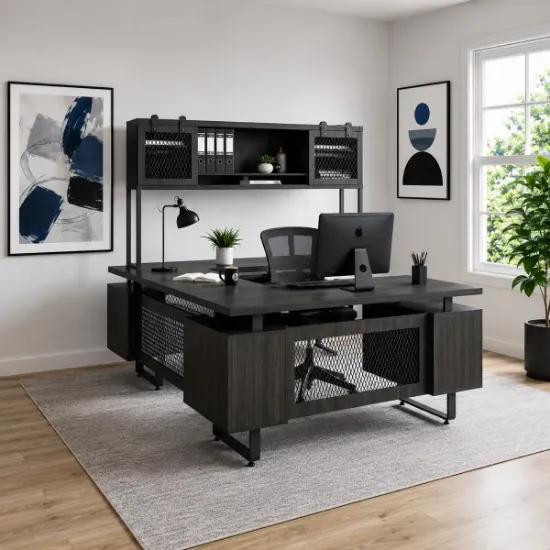 Palisades U-shaped executive desk suite with reversible bridge, double pedestal storage, sliding door hutch, and Gauntlet Gray finish