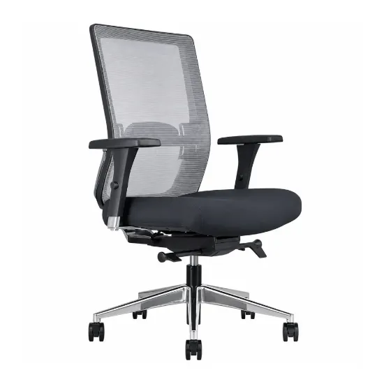 Buzz Seating Dapper ergonomic executive chair with mesh back, polished aluminum back uprights, polished aluminum base, seat slider, synchro-tilt, and height-adjustable arms