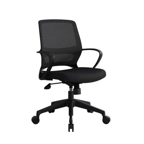 Orion mesh back conference chair with black frame, fixed loop arms, premium woven nylon mesh, adjustable seat height, swivel, and spring tilt