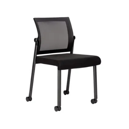 Oslo mesh back armless stacking guest chair with black aluminum frame, contoured molded seat, waterfall front edge, and Black fabric or PU leather seat options