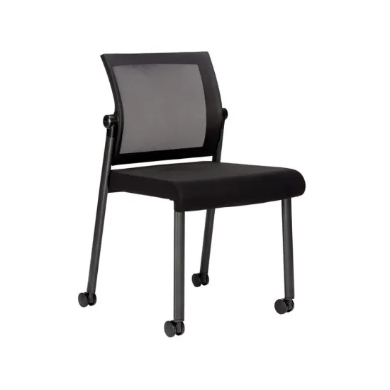 Oslo mesh back armless stacking guest chair with black aluminum frame, contoured molded seat, waterfall front edge, and Black fabric or PU leather seat options