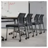 Oslo mesh back armless stacking guest chair with black aluminum frame, contoured molded seat, waterfall front edge, and Black fabric or PU leather seat options