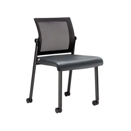Oslo mesh back armless stacking guest chair with black aluminum frame, contoured molded seat, waterfall front edge, and Black fabric or PU leather seat options