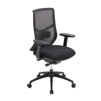 Starlight high back luxe ergonomic task chair with textured mesh back, seat slider, 4D adjustable arms, height-adjustable lumbar support, synchro-tilt, and black frame