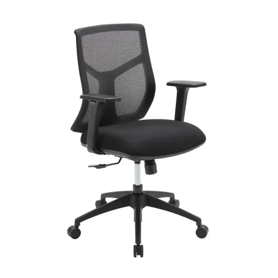 Starlight mid back ergonomic task chair with breathable mesh back, molded waterfall seat, adjustable arms, synchro-tilt, and black five-star base