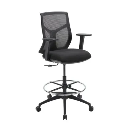 Starlight ergonomic drafting stool with breathable mesh back, adjustable lumbar support, adjustable chrome foot ring, padded armrests, and black five-star base